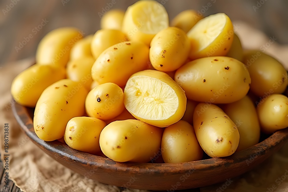 rustic bowl overflows with creamy yellow potatoes, some cut to reveal their interior. rustic bowl overflows with creamy yellow potatoes, some cut to reveal their interior.