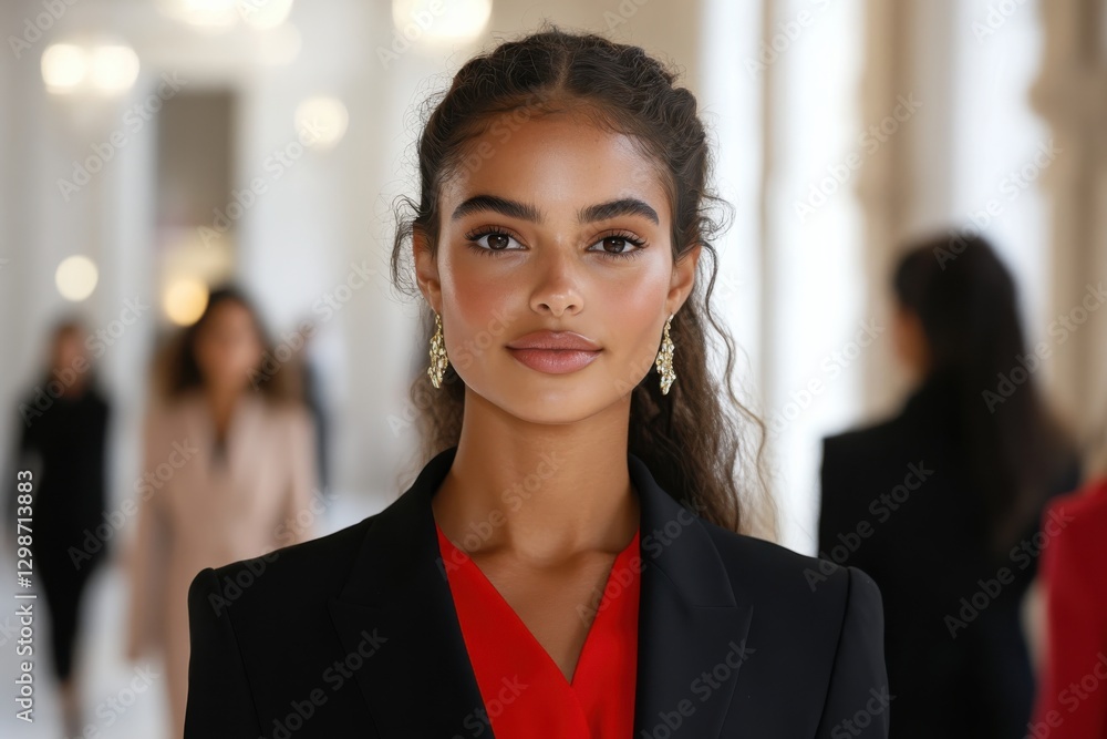 A confident model stands elegantly in a black suit, featuring a vibrant red top, set against a blurred background of a refined interior, exuding professionalism and poise. A confident model stands elegantly in a black suit, featuring a vibrant red top, set against a blurred background of a refined interior, exuding professionalism and poise.