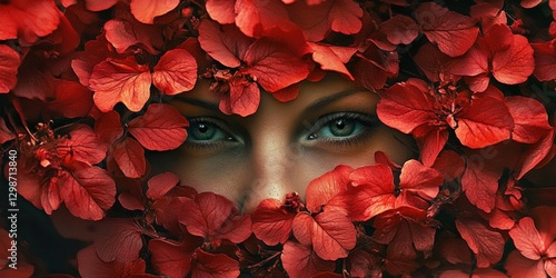 Woman partially hidden among vibrant red flowers capturing the essence of nature and beauty in a serene moment
