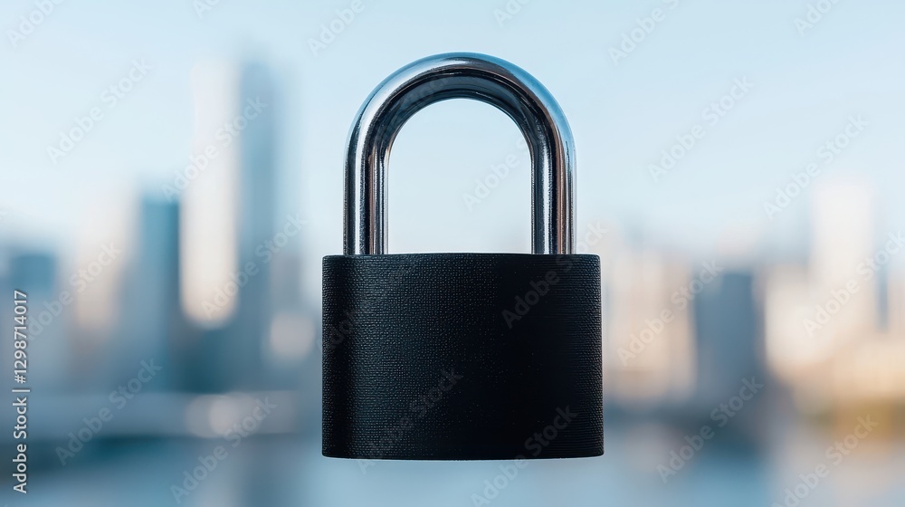 Fototapeta premium Secure Future: Black Padlock Cityscape