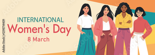 March 8. International Women's Day. Women, girls of different cultures, nationalities and skin colors stand together. Gender equality and women's empowerment. Ideal for women's projects.