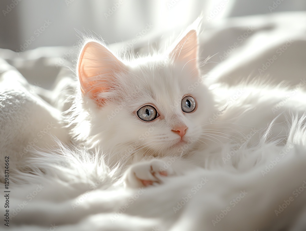 Obraz premium White Kitten Resting on Fluffy Blanket with Bright Eyes Looking Sideways