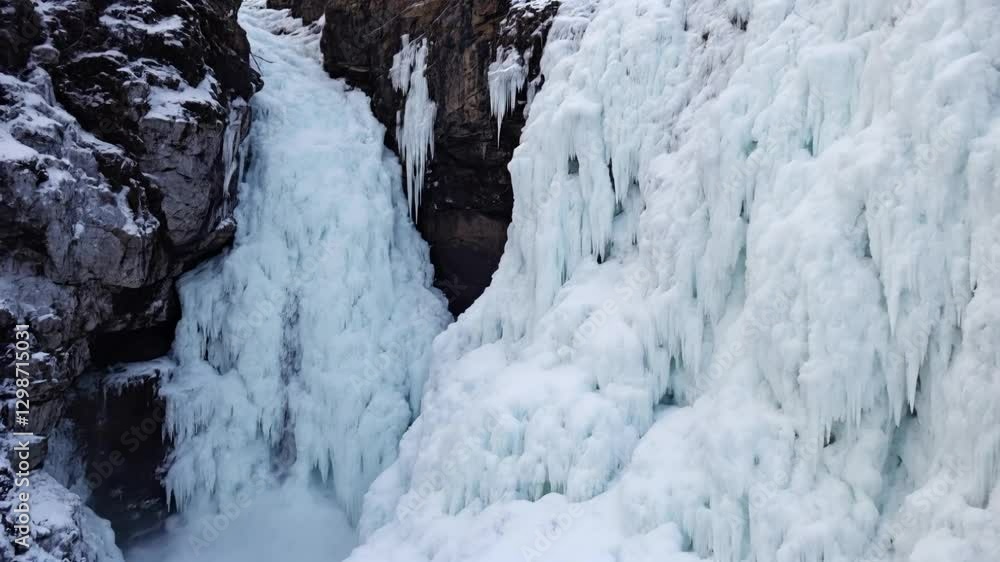 Icy waterfall cascading down rocky cliffs in a winter landscape, surrounded by frozen formations Icy waterfall cascading down rocky cliffs in a winter landscape, surrounded by frozen formations