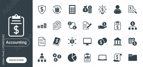 Accounting icons. A set of solid vector icons covering topics related to financial management, business, and reporting.