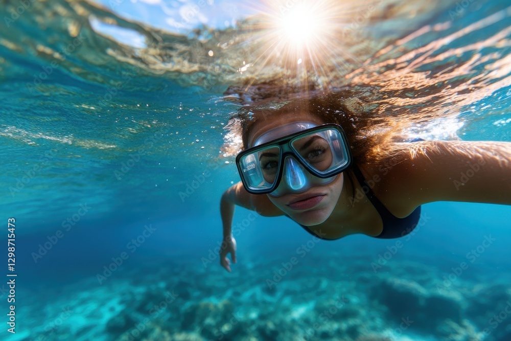Naklejka premium A young woman swims gracefully underwater, showcasing her snorkeling gear while beautifully illuminated by the sunlight filtering through the ocean waves.