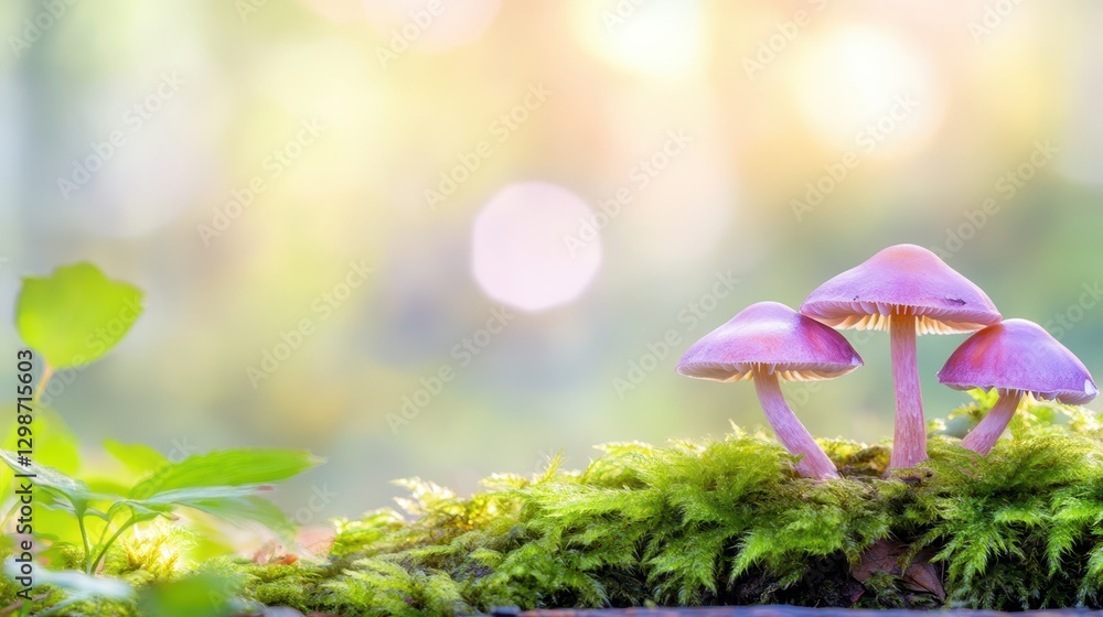 Enchanted Fungus Scene: Close-up of vibrant mushrooms nestled amidst lush green moss and foliage, basked in a soft, dreamlike bokeh background. A scene of serenity and natural beauty. Enchanted Fungus Scene: Close-up of vibrant mushrooms nestled amidst lush green moss and foliage, basked in a soft, dreamlike bokeh background. A scene of serenity and natural beauty.