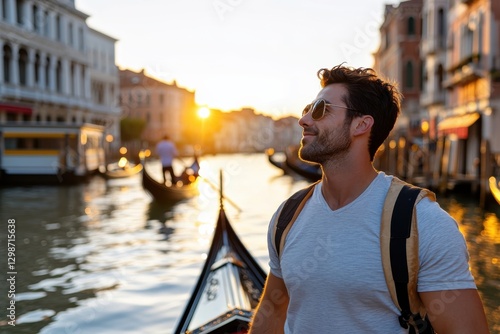 A man stands on a scenic Venetian street, enjoying the sunset reflection on the water while absorbing the charm and ambiance of this iconic city.