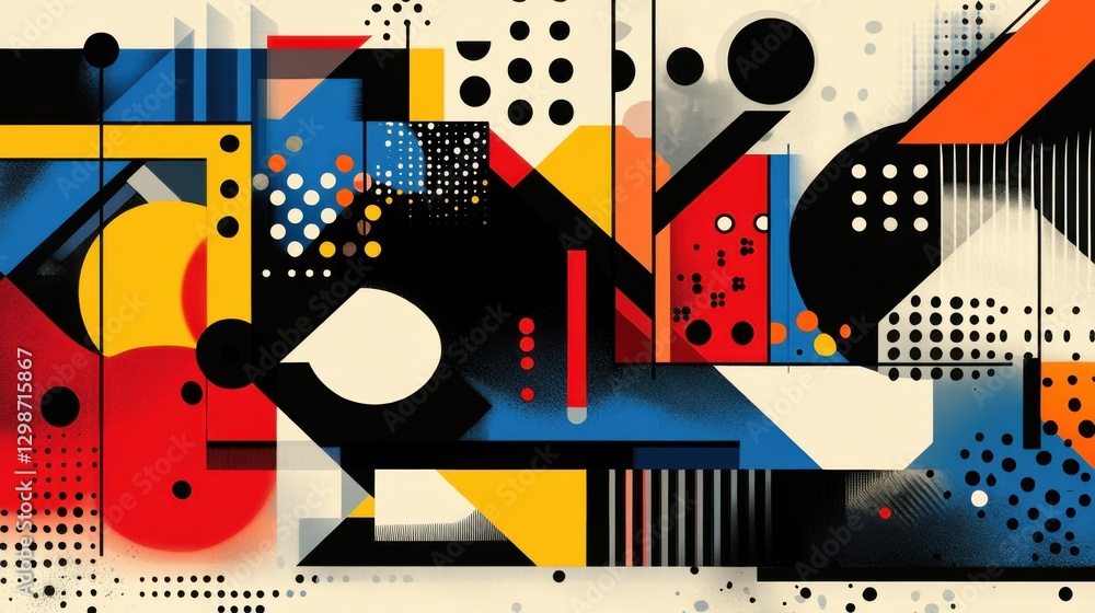 Abstract geometric designs with vibrant postmodern symbols and deconstructed shapes, ideal for high-tech prints and poster art Abstract geometric designs with vibrant postmodern symbols and deconstructed shapes, ideal for high-tech prints and poster art