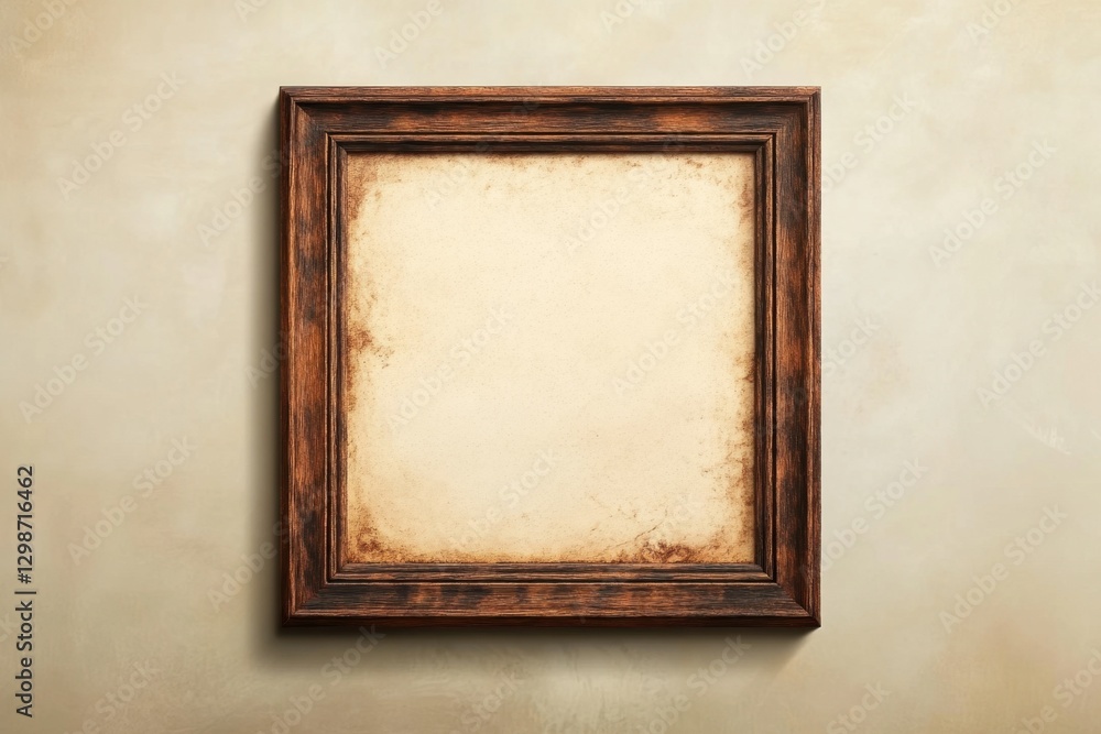 Fototapeta premium A weathered wooden picture frame and aged paper on the wall
