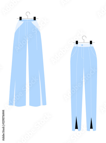 Light Blue Wide Leg Pants and Slim-Fit Trousers on Hangers in Flat Vector Illustration Symbolizing Fashion, Clothing Display, and Wardrobe Selection, Isolated on White Background.