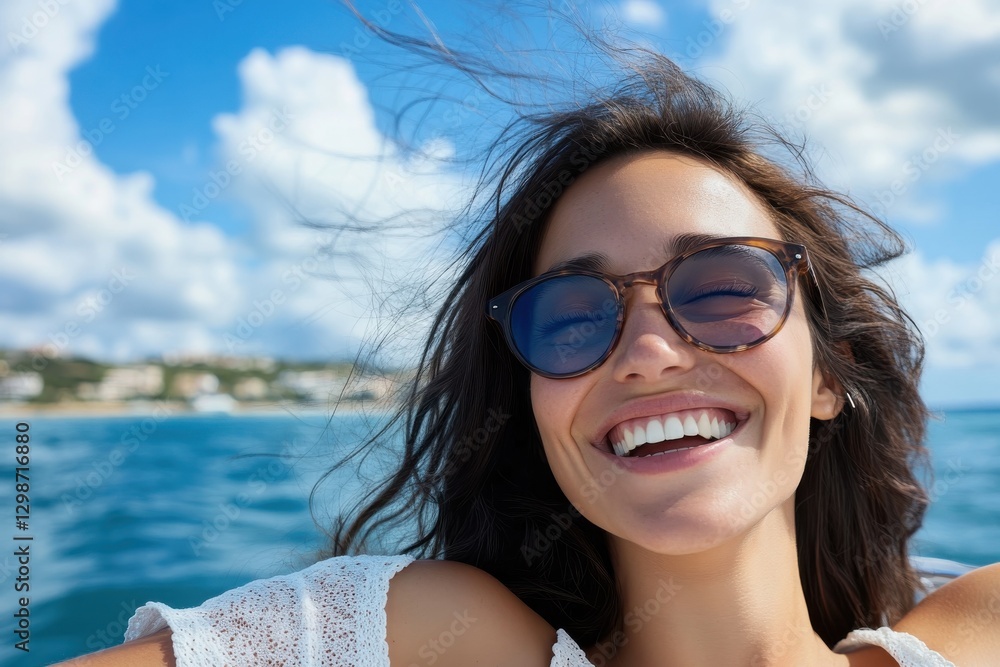 A cheerful woman with flowing hair enjoys her day at the seaside, reflecting joy and relaxation in a blissful coastal environment under the blue sky. A cheerful woman with flowing hair enjoys her day at the seaside, reflecting joy and relaxation in a blissful coastal environment under the blue sky.