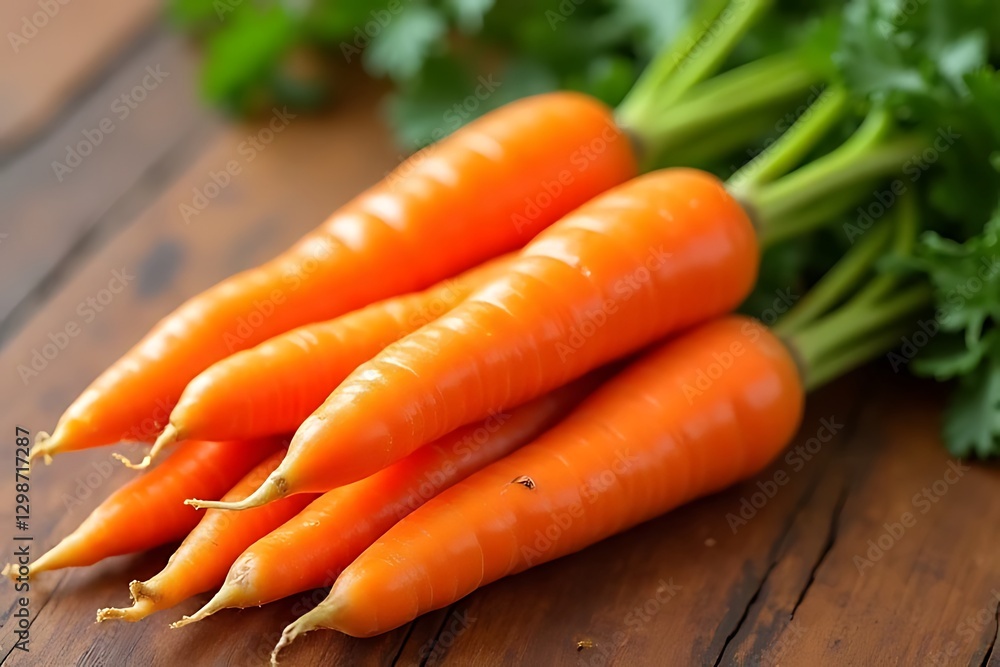 vibrant bundle of fresh, bright orange carrots with green tops on wood. vibrant bundle of fresh, bright orange carrots with green tops on wood.
