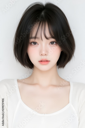 Wallpaper Mural Female Asian Model with Short Hair - Young Beautiful Woman with Bob Haircut - Studio Portrait of Asian Beauty for Fashion, Cosmetic, Skincare - Posing on White Background - Smooth Hair Torontodigital.ca