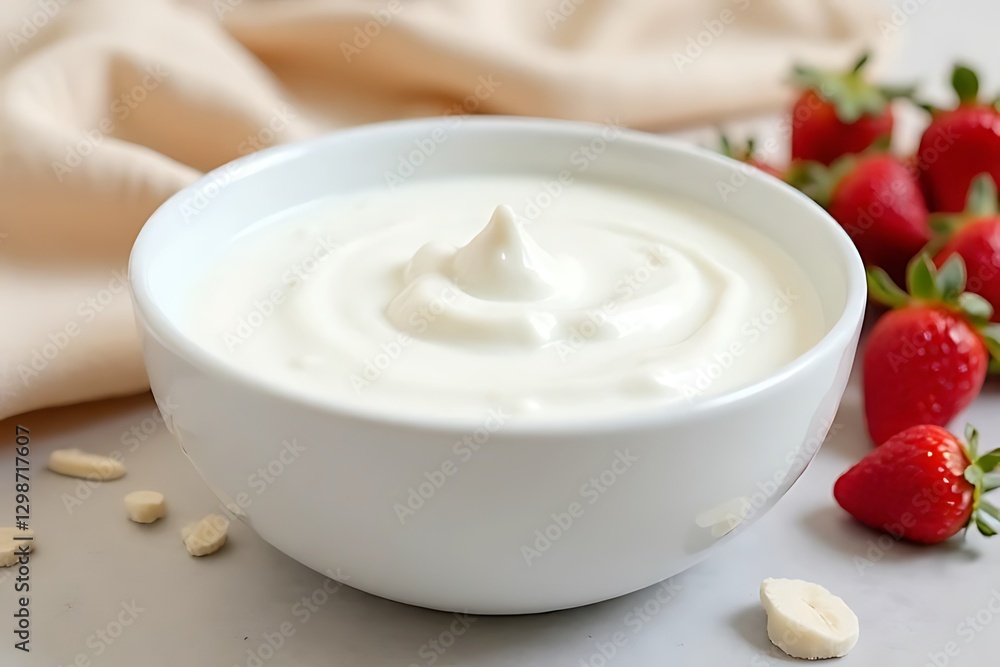 White bowl of yogurt with strawberries and almonds rests gently on table. White bowl of yogurt with strawberries and almonds rests gently on table.