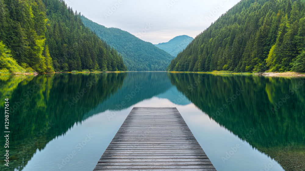 Tranquil river valley views. serene river valley with small wooden dock reflecting in calm water, surrounded by lush green mountains Tranquil river valley views. serene river valley with small wooden dock reflecting in calm water, surrounded by lush green mountains