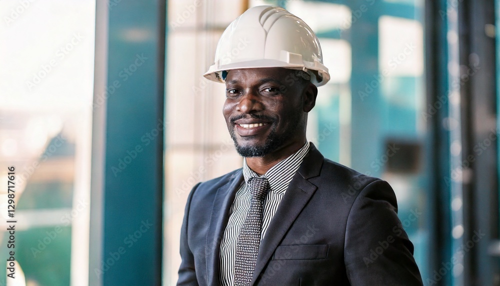 smiling male construction engineer wearing a hard hat in an industrial setting