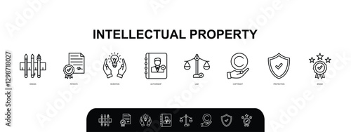 Intellectual property banner web icon set vector illustration concept with icons of design, patents, invention, authorship, law, copyright, protection, brand icons symbol template background