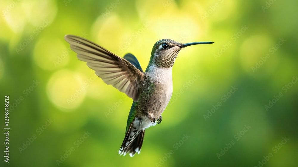 Vibrant Hummingbird Flying Over Lush Green Summer Foliage - Stunning Nature Background for Editorial Design Projects Vibrant Hummingbird Flying Over Lush Green Summer Foliage - Stunning Nature Background for Editorial Design Projects