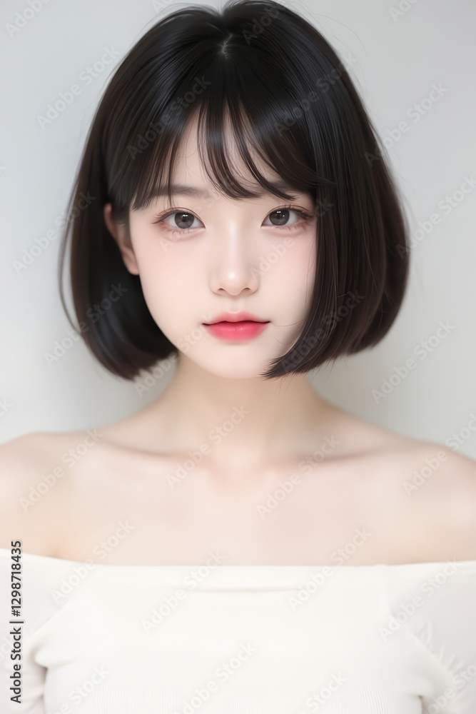Female Asian Model with Short Hair - Young Beautiful Woman with Bob Haircut - Studio Portrait of Asian Beauty for Fashion, Cosmetic, Skincare - Posing on White Background - Smooth Hair Female Asian Model with Short Hair - Young Beautiful Woman with Bob Haircut - Studio Portrait of Asian Beauty for Fashion, Cosmetic, Skincare - Posing on White Background - Smooth Hair