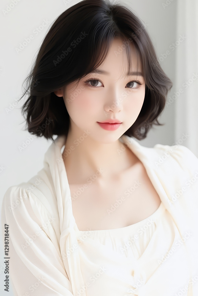 Female Asian Model with Short Hair - Young Beautiful Woman with Bob Haircut - Studio Portrait of Asian Beauty for Fashion, Cosmetic, Skincare - Posing on White Background - Smooth Hair Female Asian Model with Short Hair - Young Beautiful Woman with Bob Haircut - Studio Portrait of Asian Beauty for Fashion, Cosmetic, Skincare - Posing on White Background - Smooth Hair