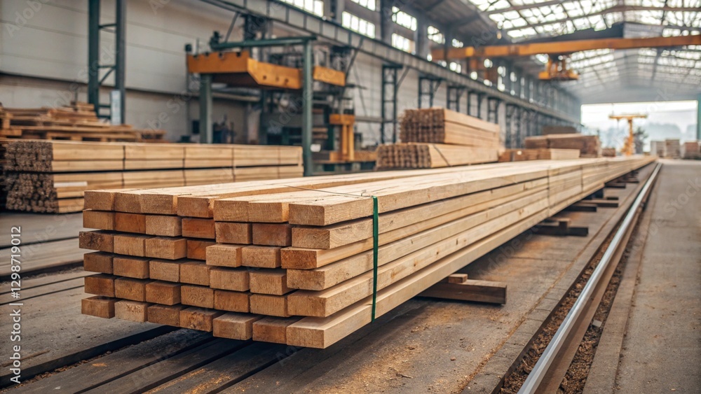 Fototapeta premium Rows of processed spruce planks neatly arranged in stacks at a timber depot, with industrial cranes and buildings in the background under a cloudy sky