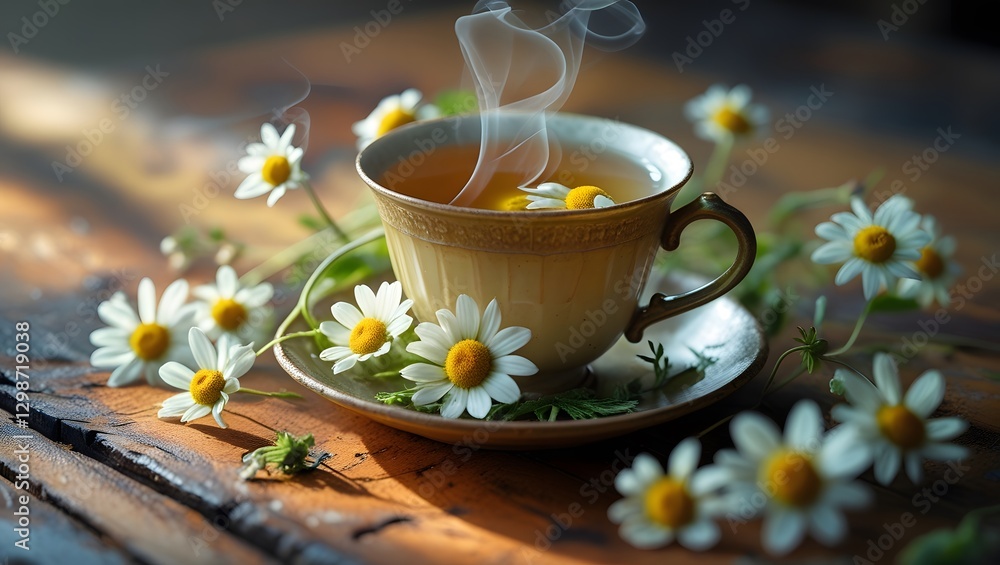 A close-up of a steaming cup of chamomile tea placed on a rustic wooden table, surrounded by fresh chamomile flowers A close-up of a steaming cup of chamomile tea placed on a rustic wooden table, surrounded by fresh chamomile flowers