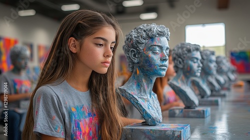 Girl contemplates painted bust sculpture in art studio with colorful background artwork
