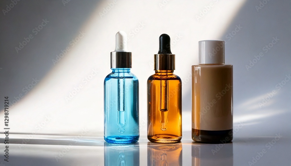 three different skincare products elegantly arranged, showcasing their varied colors and textures, emphasizing the essence of beauty, highlighting the essence of self-care three different skincare products elegantly arranged, showcasing their varied colors and textures, emphasizing the essence of beauty, highlighting the essence of self-care