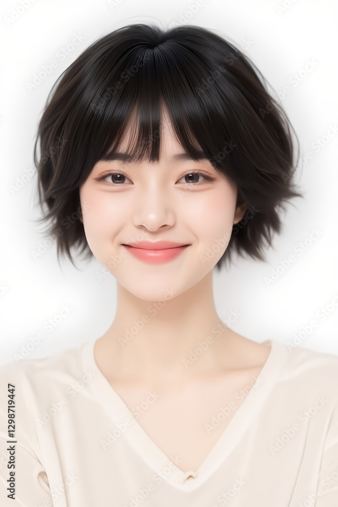 Female Asian Model with Short Hair - Young Beautiful Woman with Bob Haircut - Studio Portrait of Asian Beauty for Fashion, Cosmetic, Skincare - Posing on White Background - Smooth Hair Female Asian Model with Short Hair - Young Beautiful Woman with Bob Haircut - Studio Portrait of Asian Beauty for Fashion, Cosmetic, Skincare - Posing on White Background - Smooth Hair