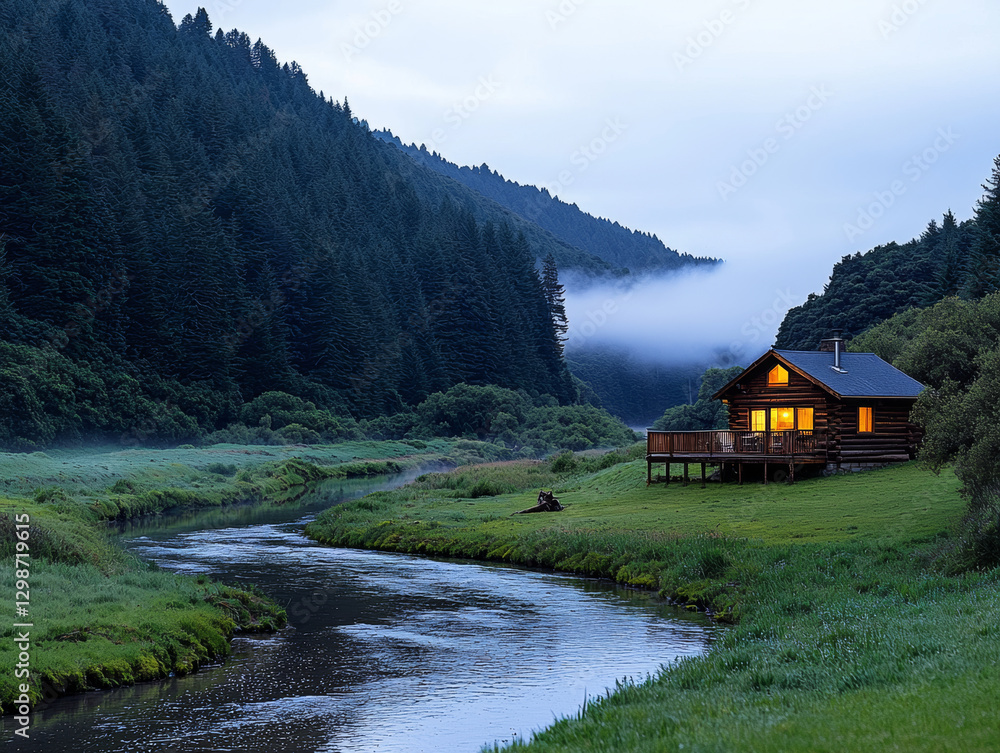 Tranquil river valley views. tranquil river valley with wooden cabin nestled in lush greenery, surrounded by misty mountains Tranquil river valley views. tranquil river valley with wooden cabin nestled in lush greenery, surrounded by misty mountains