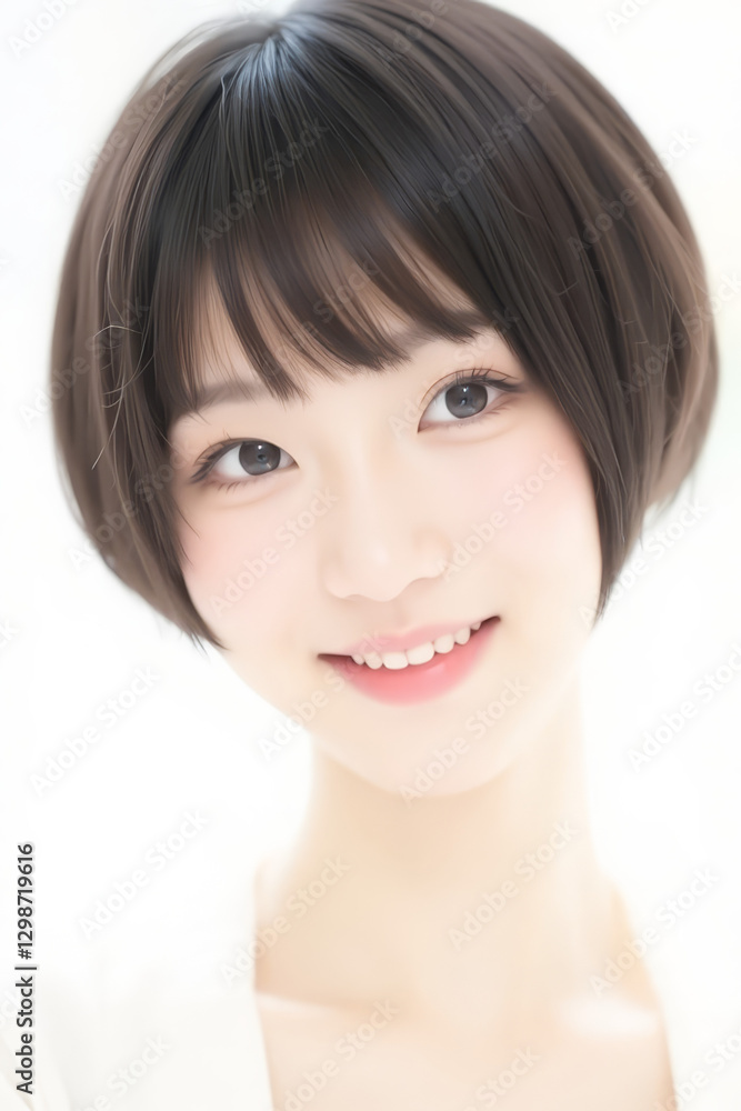 Female Asian Model with Short Hair - Young Beautiful Woman with Bob Haircut - Studio Portrait of Asian Beauty for Fashion, Cosmetic, Skincare - Posing on White Background - Smooth Hair Female Asian Model with Short Hair - Young Beautiful Woman with Bob Haircut - Studio Portrait of Asian Beauty for Fashion, Cosmetic, Skincare - Posing on White Background - Smooth Hair
