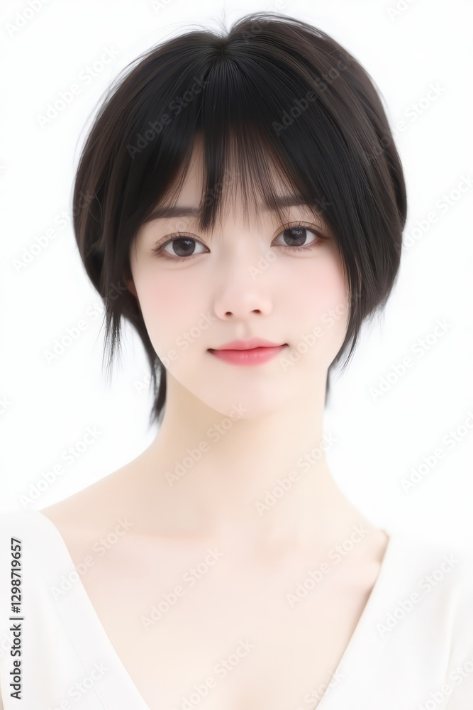 Female Asian Model with Short Hair - Young Beautiful Woman with Bob Haircut - Studio Portrait of Asian Beauty for Fashion, Cosmetic, Skincare - Posing on White Background - Smooth Hair Female Asian Model with Short Hair - Young Beautiful Woman with Bob Haircut - Studio Portrait of Asian Beauty for Fashion, Cosmetic, Skincare - Posing on White Background - Smooth Hair