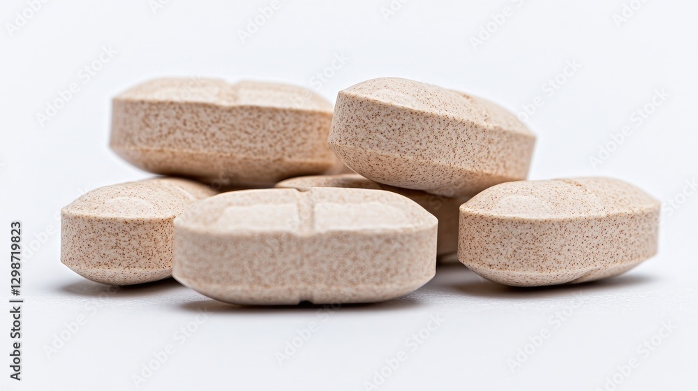Stack of light brown pills on white background. Possible use Pharmaceutical product photography Stack of light brown pills on white background. Possible use Pharmaceutical product photography