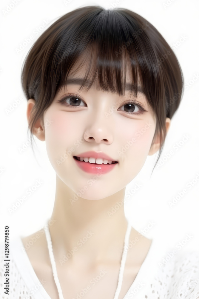 Female Asian Model with Short Hair - Young Beautiful Woman with Bob Haircut - Studio Portrait of Asian Beauty for Fashion, Cosmetic, Skincare - Posing on White Background - Smooth Hair Female Asian Model with Short Hair - Young Beautiful Woman with Bob Haircut - Studio Portrait of Asian Beauty for Fashion, Cosmetic, Skincare - Posing on White Background - Smooth Hair