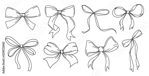 Bows Line art drawing with different styles of ribbons with different shapes set in sketch style, decorative bows for packaging, gift wrapping, invitations, crafts, digital design. Vector illustration