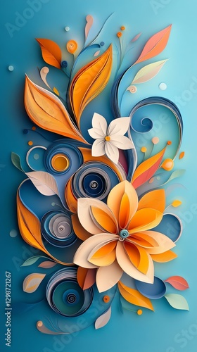 Floral curls and rolls from quilling paper Vibrant paper flower and leaf design.