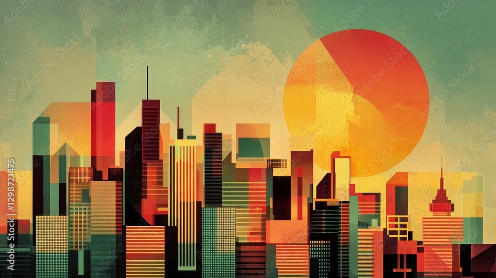 Fototapeta premium Vibrant Sunset Over Abstract City Skyline in Geometric Style