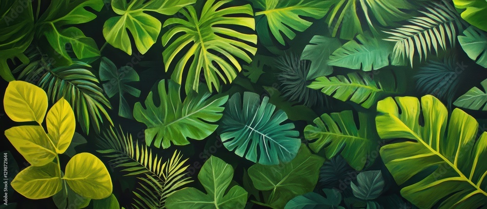 Naklejka premium Tropical leaves background full of exotic greenery for interior design, nature wallpaper, and eco-friendly decor showcasing vibrant plant life.