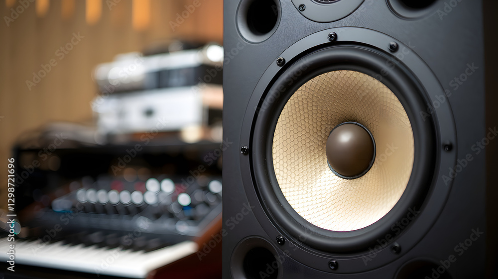 Studio Monitor Speaker in Music Production Setup. A close-up of a studio monitor speaker with a wooden woofer, placed in a music production setup. Studio Monitor Speaker in Music Production Setup. A close-up of a studio monitor speaker with a wooden woofer, placed in a music production setup.