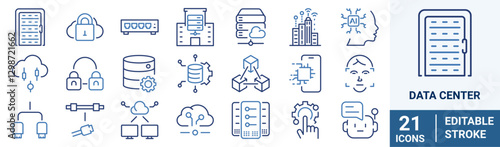 Data center web blue line icon. Containing cloud computing, security, hosting, computer, internet, server, information technology icon. Vector illustration.