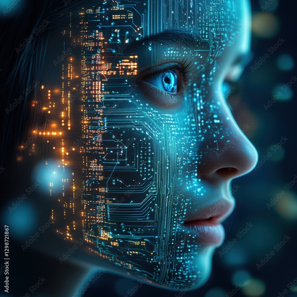 Woman with digital interface overlay on face Woman with digital interface overlay on face