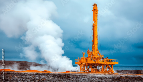 Renewable energy geothermal energy hydroelectric power. Geothermal drilling platform operating near coastal area with steam