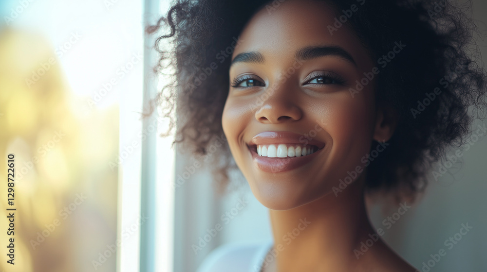Radiant African American woman exudes joy, embodying confidence and warmth in a serene moment. Radiant African American woman exudes joy, embodying confidence and warmth in a serene moment.