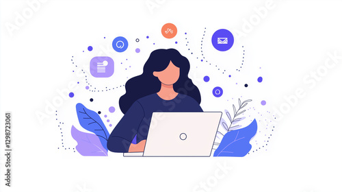 ラップトップを使うビジネスパーソンのイラスト | デジタルワークスペースで作業
Illustration of Business Person Using Laptop | Working in a Digital Workspace
