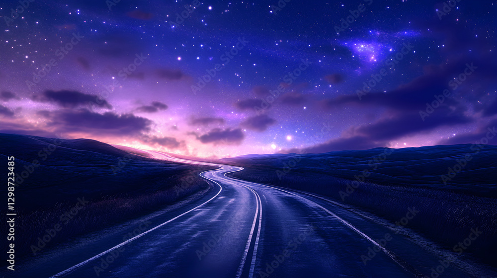 Fototapeta premium road leading toward the horizon, with dazzling star trails streaking above 