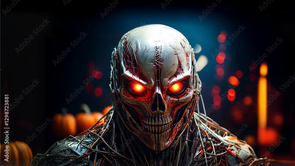 a horrifying skull-faced figure with glowing eyes is in a Halloween scene. The image is of a nightmare creature. a horrifying skull-faced figure with glowing eyes is in a Halloween scene. The image is of a nightmare creature.
