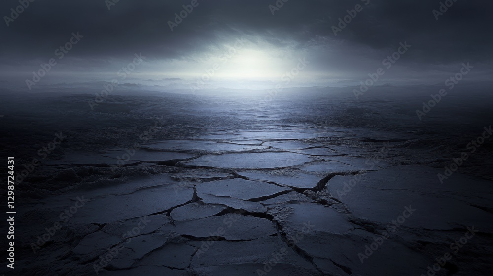 Fototapeta premium Dramatic landscape with cracked earth under dark stormy clouds and moody lighting, creating an atmospheric and mysterious setting for nature photography.