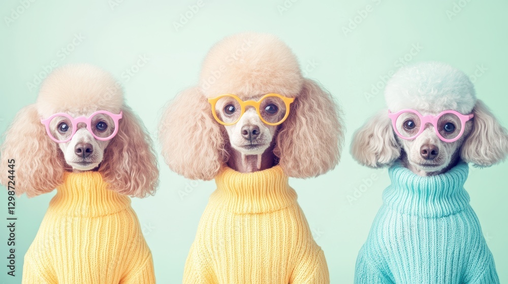 Fototapeta premium Dogs wearing colorful sweaters and glasses posing together in playful studio setting with pastel background, cute poodles fashion concept.