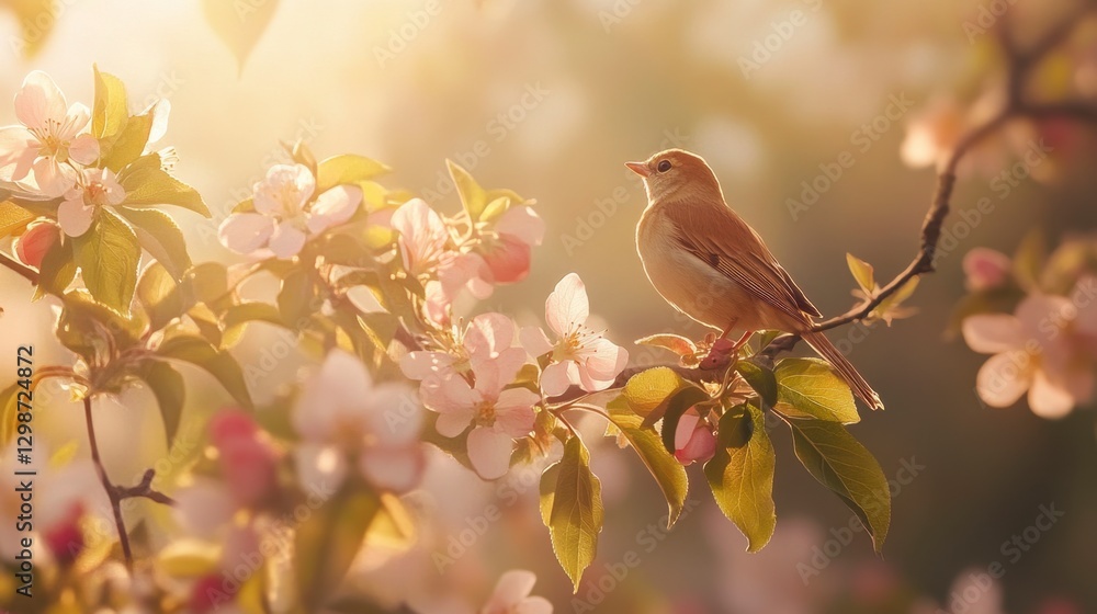 Bird Perched on Blooming Apple Blossom Branch in Soft Light Bird Perched on Blooming Apple Blossom Branch in Soft Light