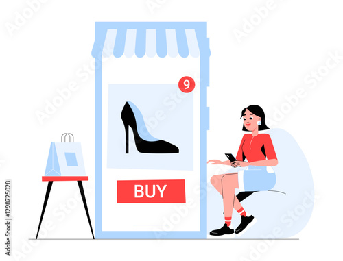 Woman Shopping Online For High Heels In Flat Vector Illustration Symbolizing E Commerce, Fashion Retail, And Digital Shopping, Isolated On White Background